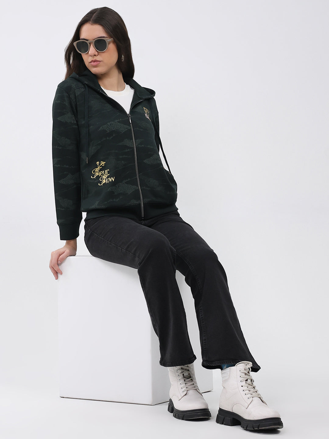 Women Dark Green Printed Hooded Full Sleeve Sweatshirt