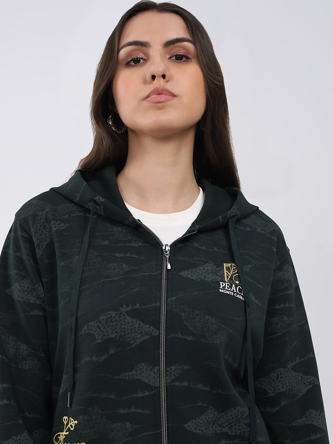 Women Dark Green Printed Hooded Full Sleeve Sweatshirt