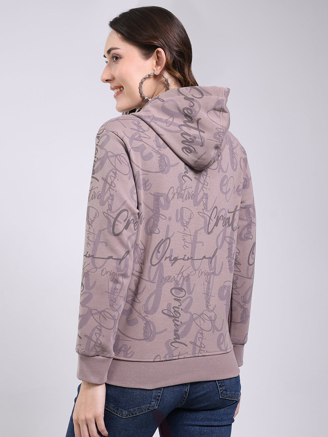 Women Mauve Printed Hooded Full Sleeve Sweatshirt