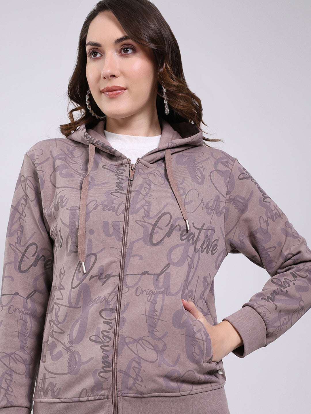 Women Mauve Printed Hooded Full Sleeve Sweatshirt