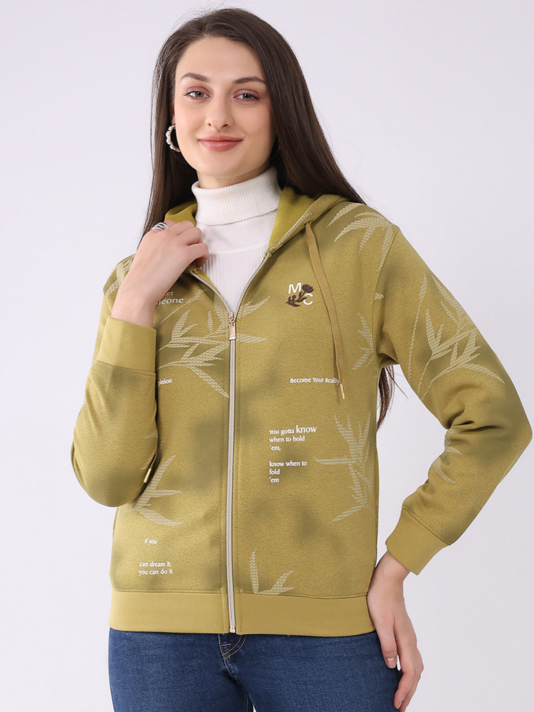 Women Green Printed Hooded Full Sleeve Sweatshirt