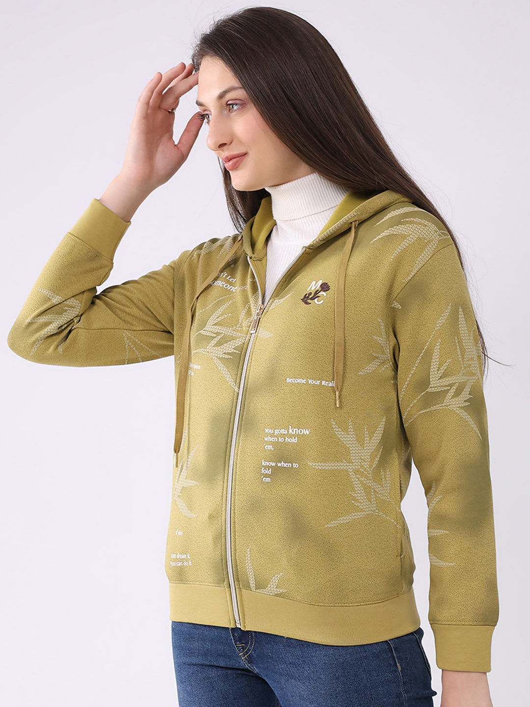 Women Green Printed Hooded Full Sleeve Sweatshirt