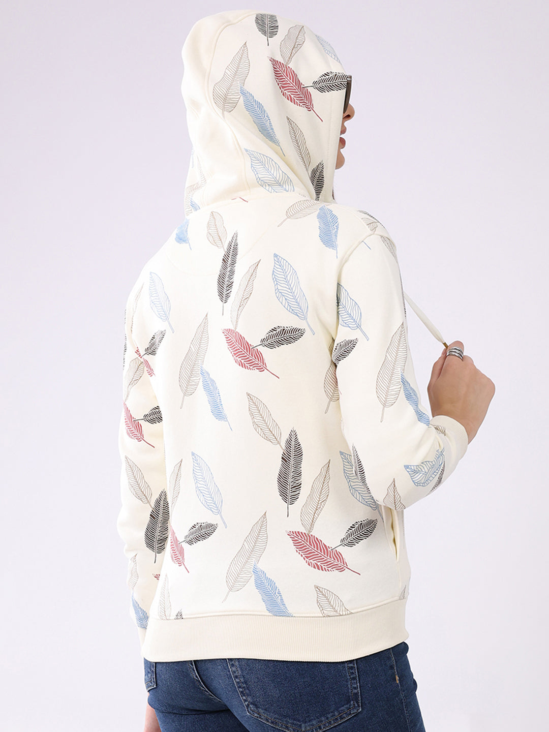 Women Cream Printed Hooded Full Sleeve Sweatshirt