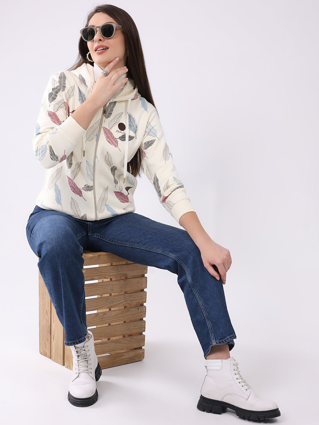 Women Cream Printed Hooded Full Sleeve Sweatshirt