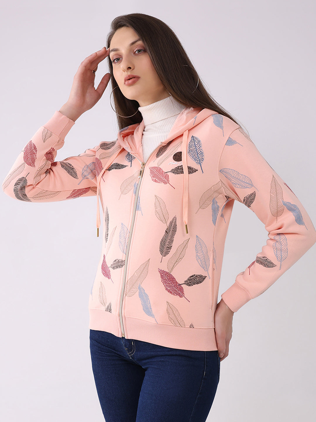 Women Peach Printed Hooded Full Sleeve Sweatshirt