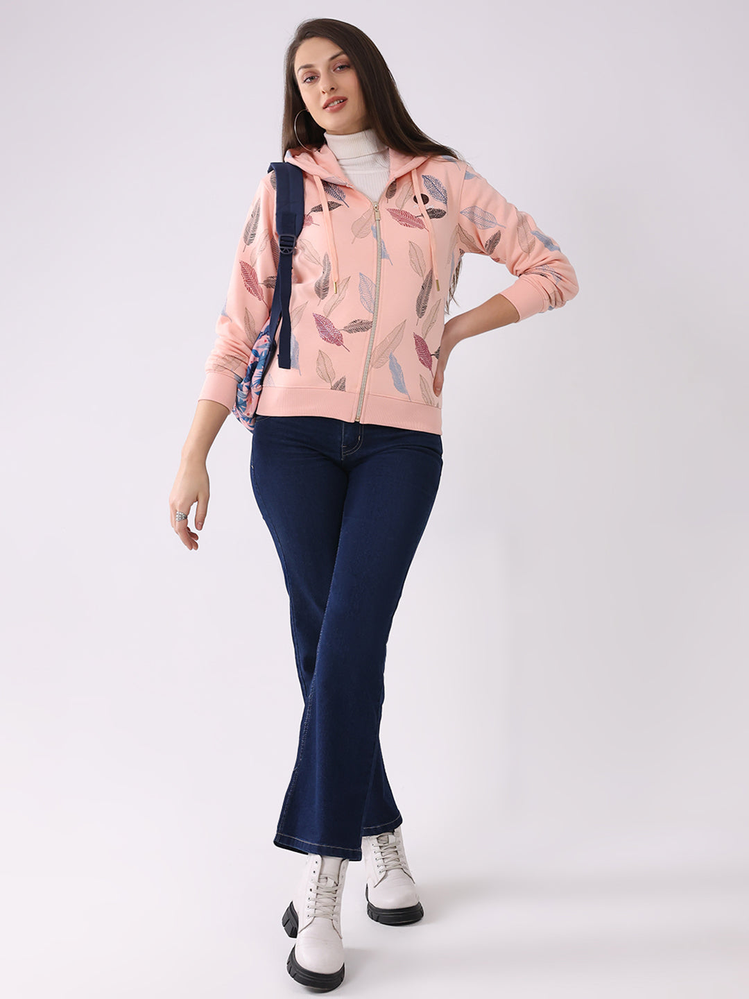 Women Peach Printed Hooded Full Sleeve Sweatshirt