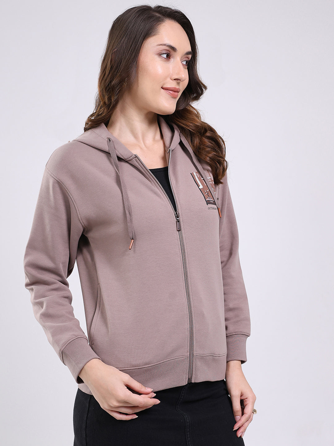 Women Mauve Printed Hooded Full Sleeve Sweatshirt