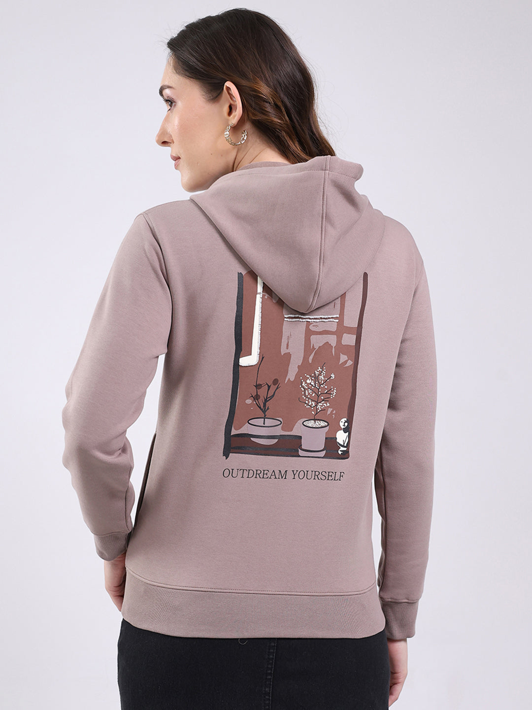 Women Mauve Printed Hooded Full Sleeve Sweatshirt