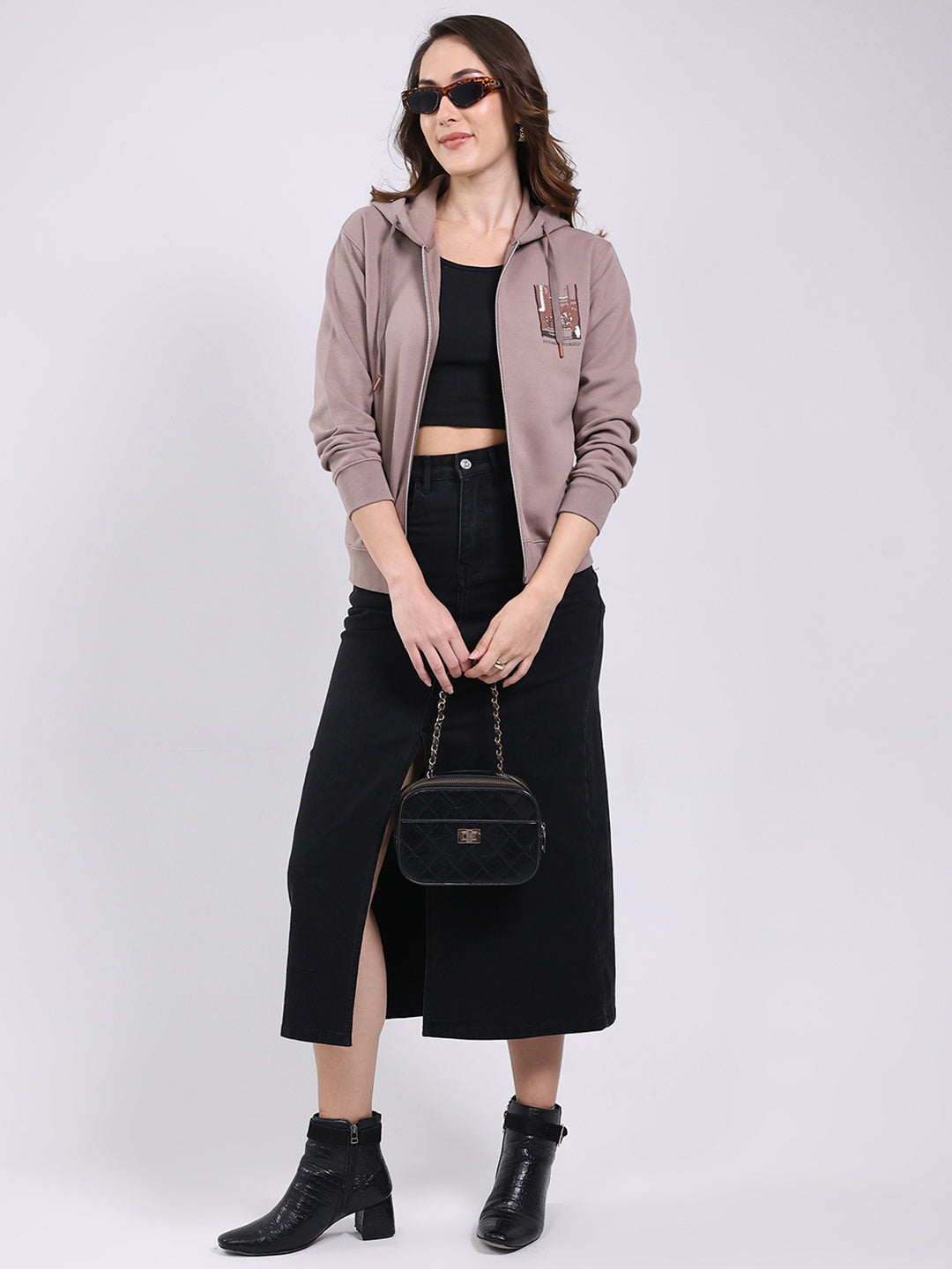 Women Mauve Printed Hooded Full Sleeve Sweatshirt