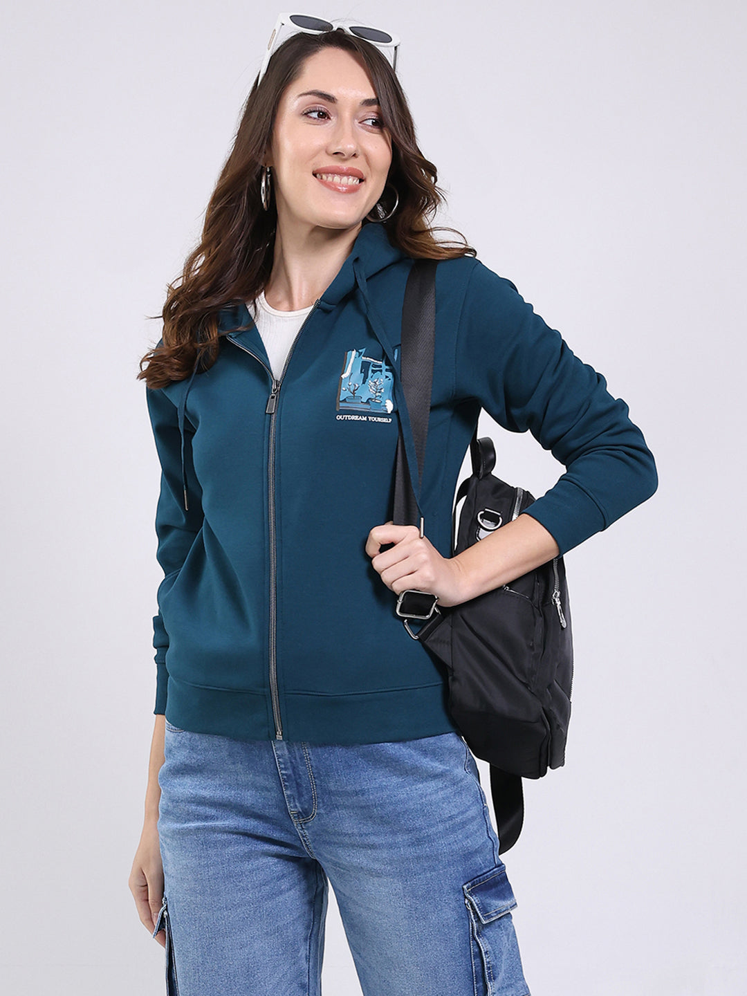 Women Teal Blue Printed Hooded Full Sleeve Sweatshirt