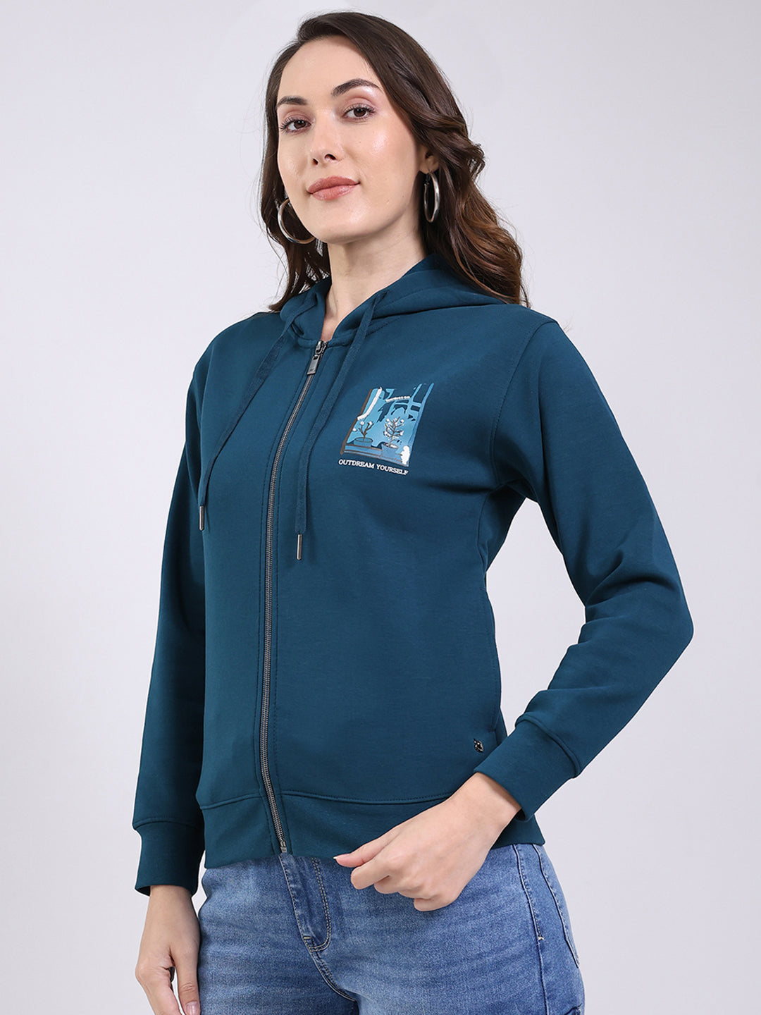 Women Teal Blue Printed Hooded Full Sleeve Sweatshirt