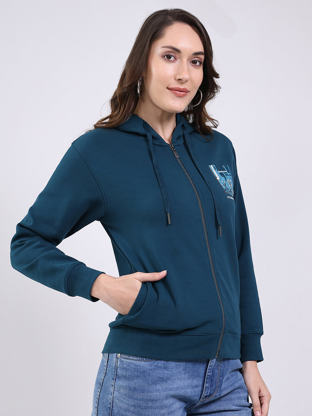 Women Teal Blue Printed Hooded Full Sleeve Sweatshirt
