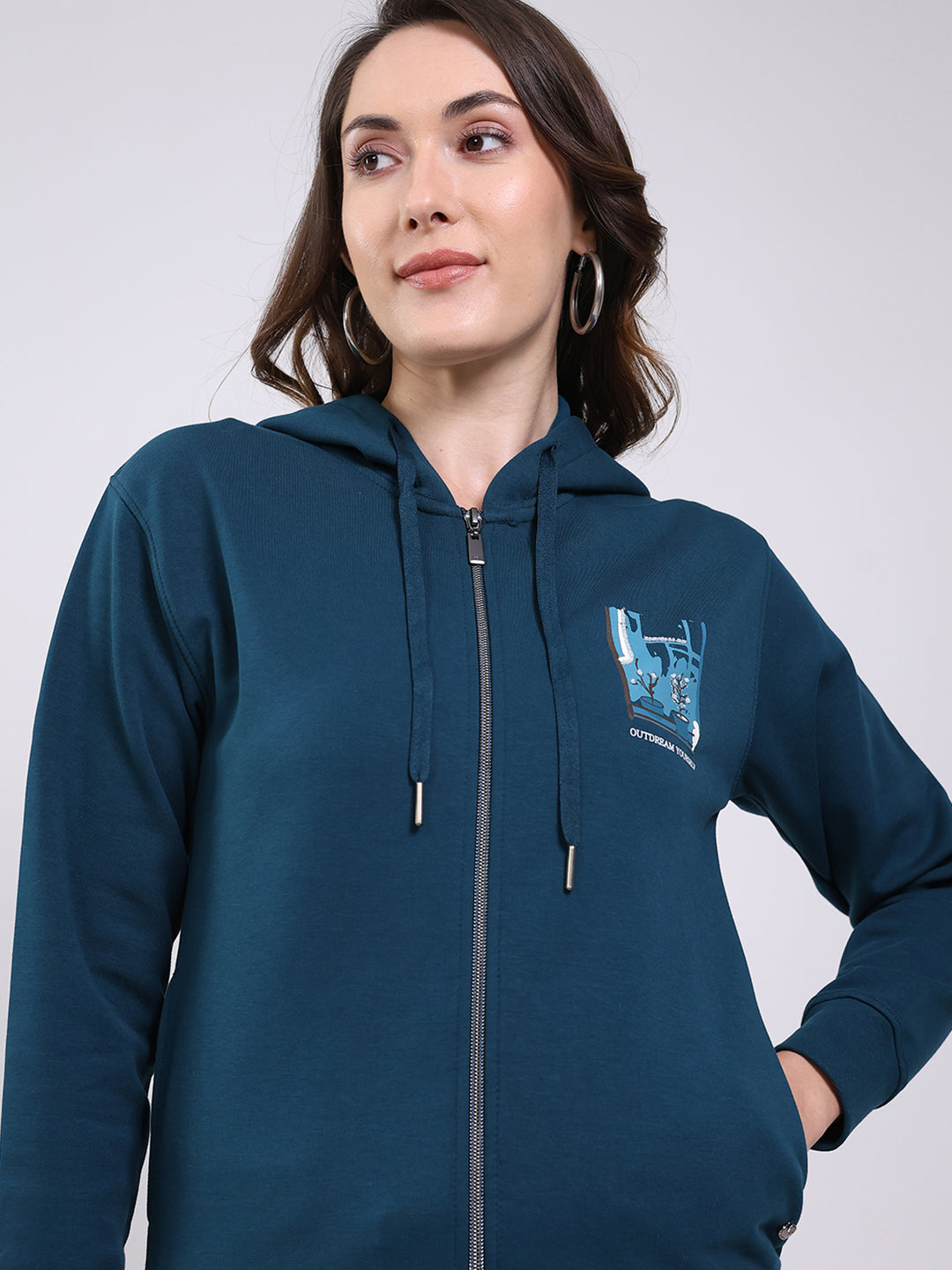 Women Teal Blue Printed Hooded Full Sleeve Sweatshirt