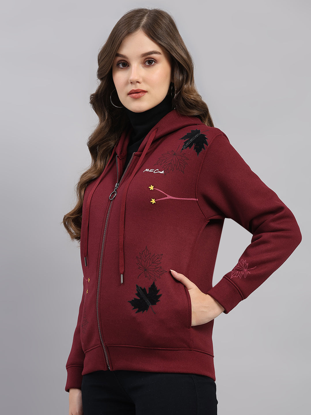 Women Maroon Printed Hooded Full Sleeve Sweatshirt
