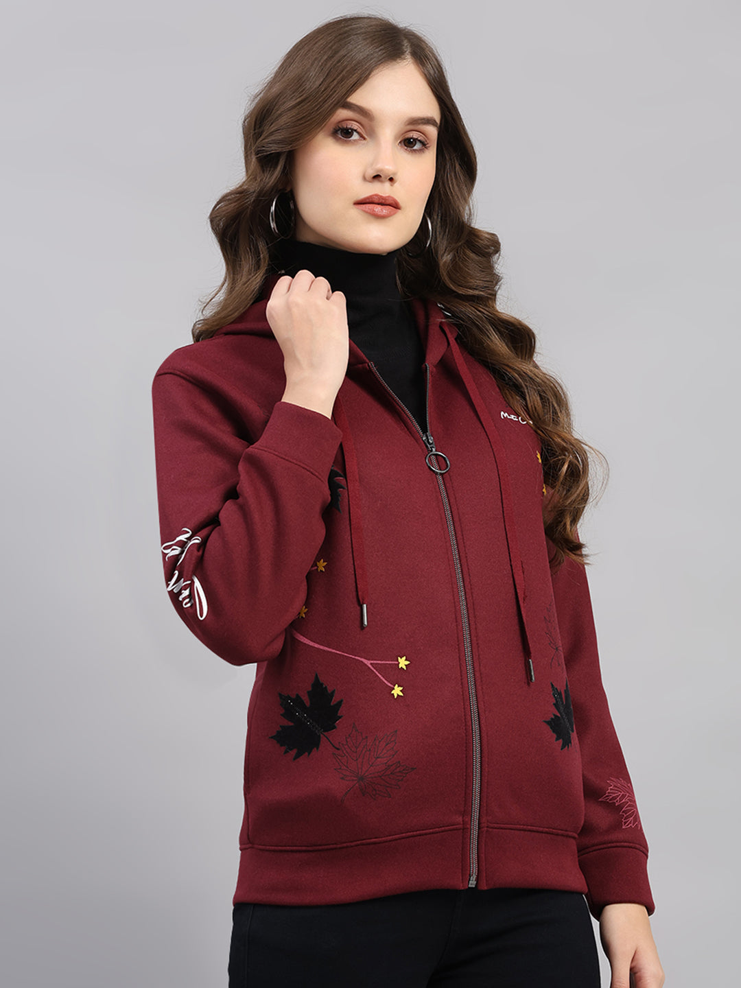 Women Maroon Printed Hooded Full Sleeve Sweatshirt