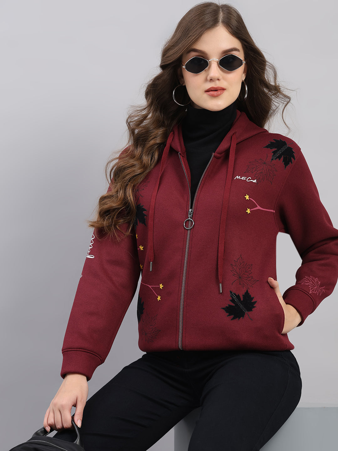 Women Maroon Printed Hooded Full Sleeve Sweatshirt