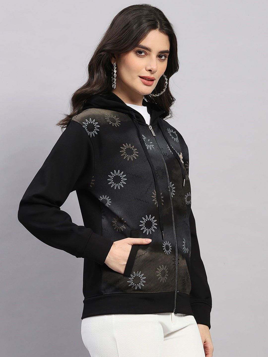 Women Black Printed Hooded Full Sleeve Sweatshirt