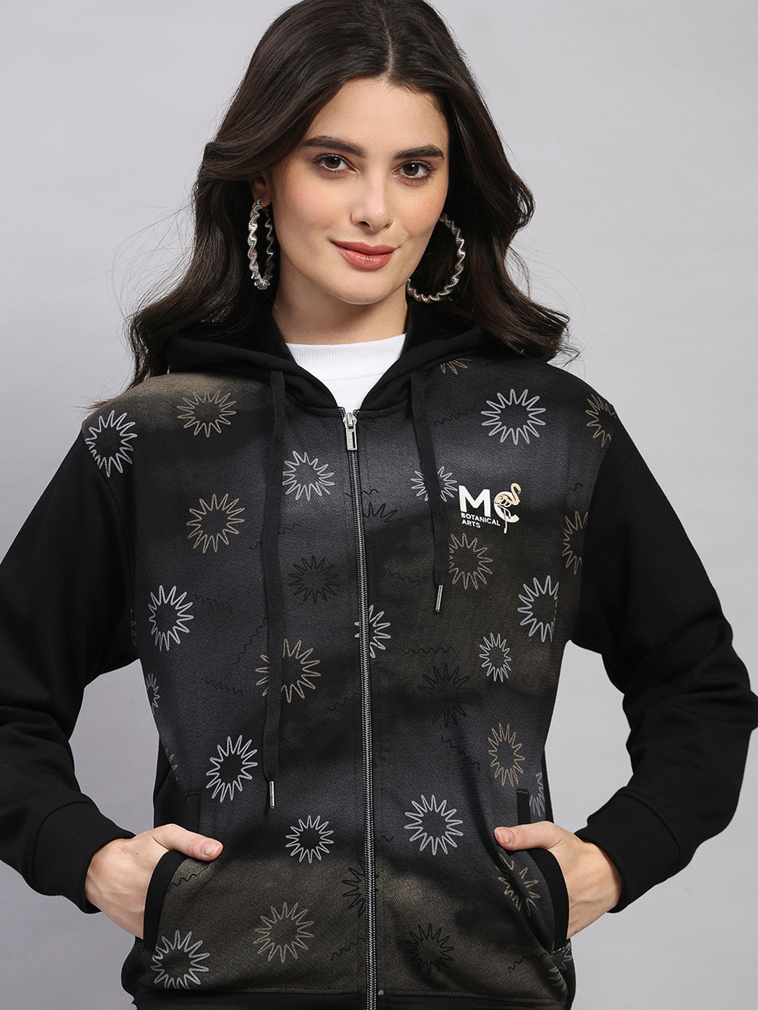 Women Black Printed Hooded Full Sleeve Sweatshirt
