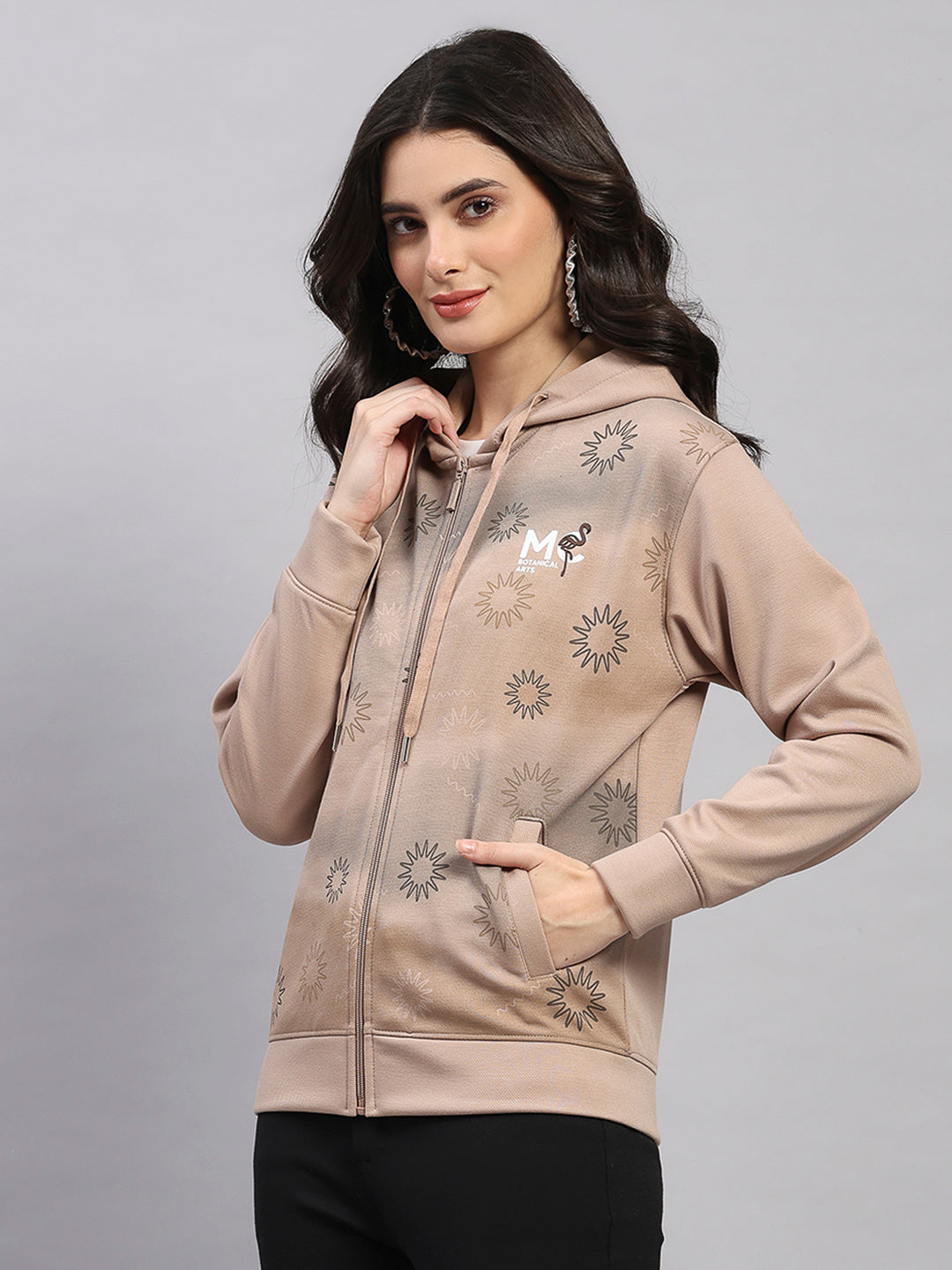 Women Camel Brown Printed Hooded Full Sleeve Sweatshirt