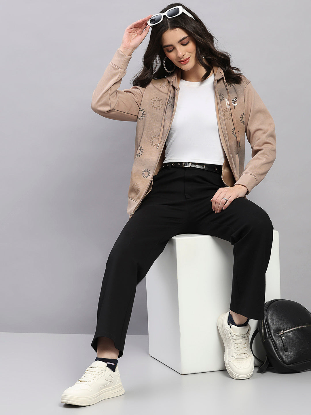 Women Camel Brown Printed Hooded Full Sleeve Sweatshirt