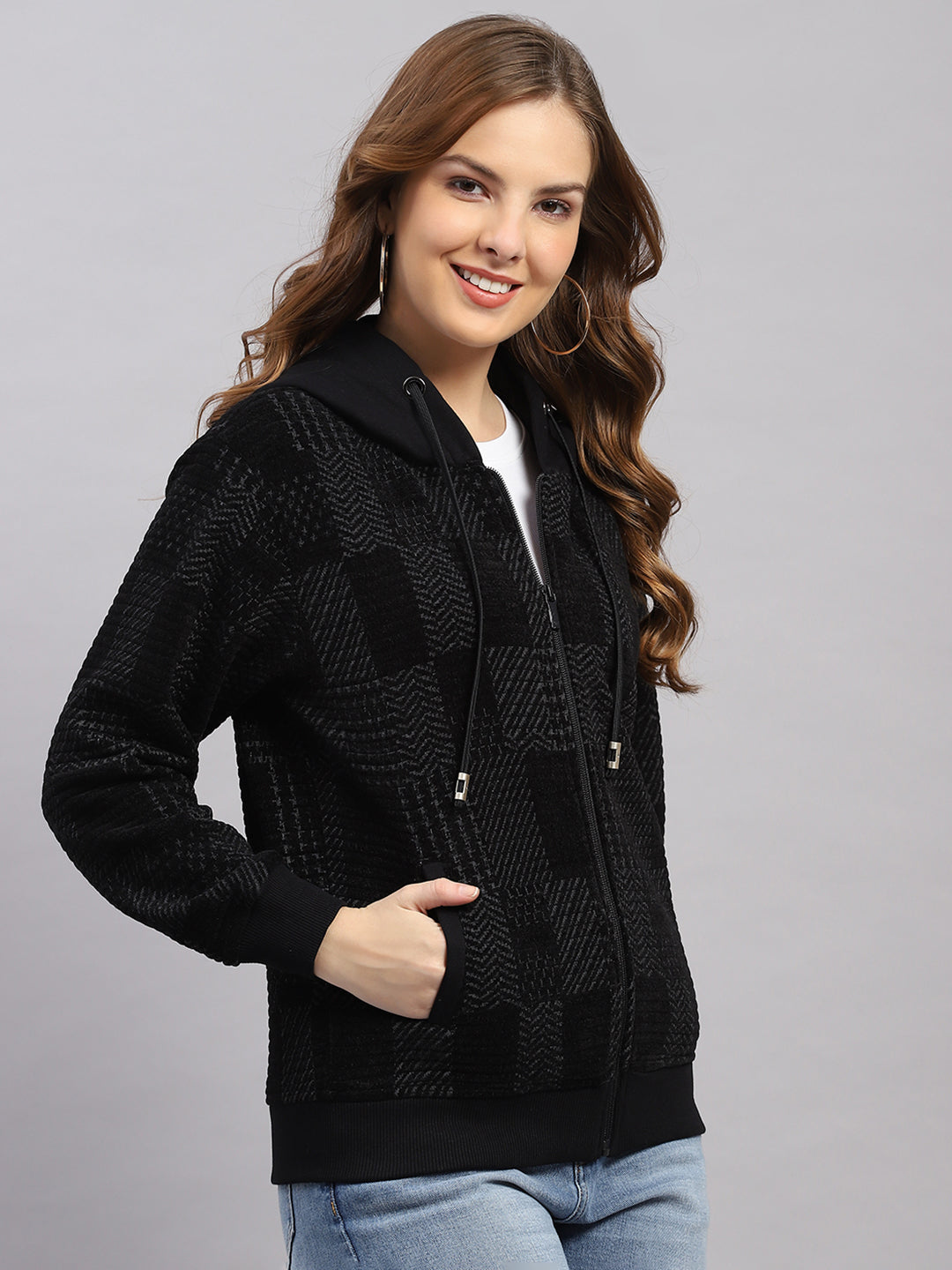 Women Grey Self Design Hooded Full Sleeve Sweatshirt