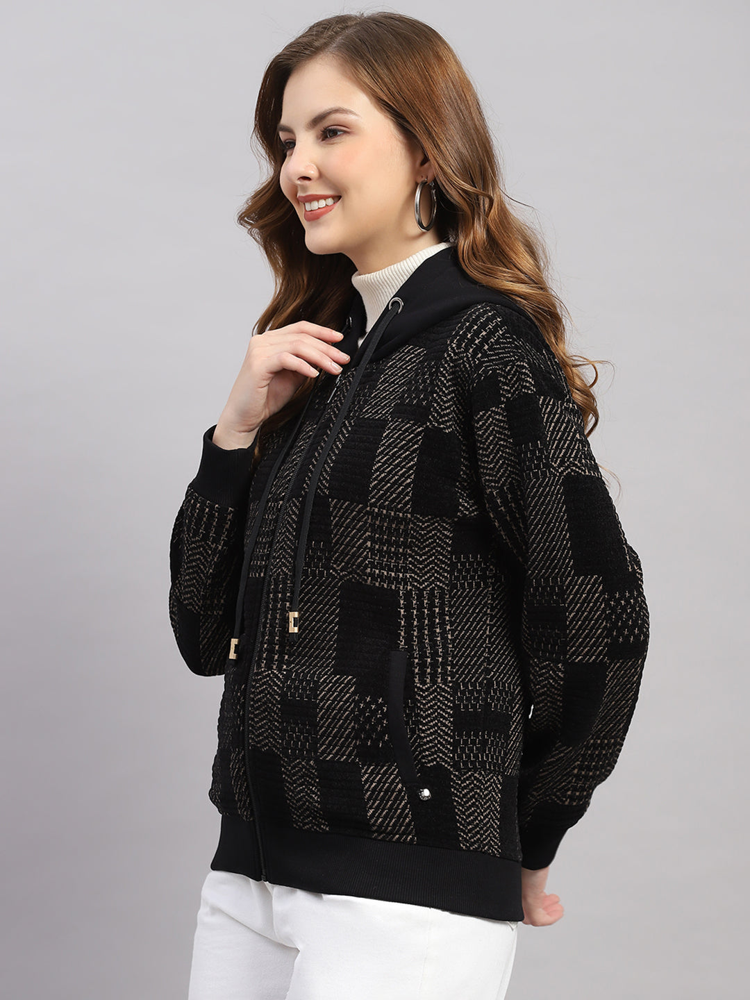 Women Brown Self Design Hooded Full Sleeve Sweatshirt