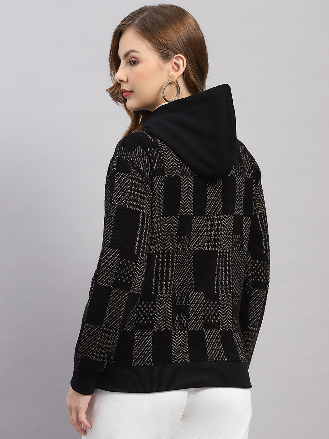 Women Brown Self Design Hooded Full Sleeve Sweatshirt