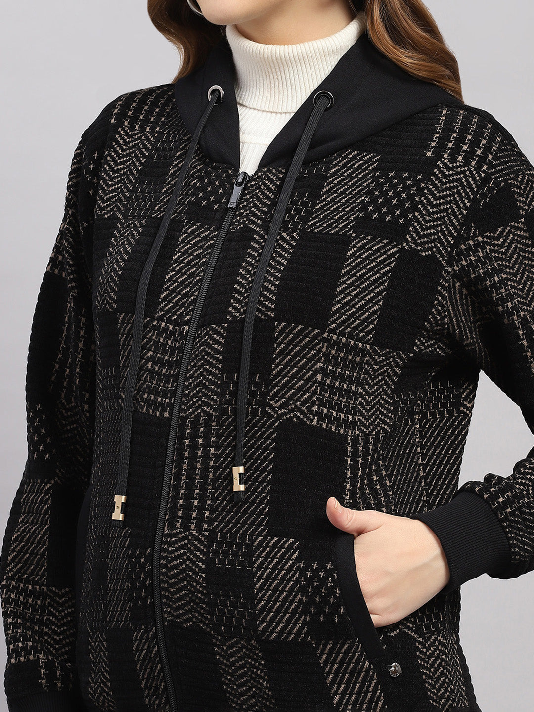 Women Brown Self Design Hooded Full Sleeve Sweatshirt