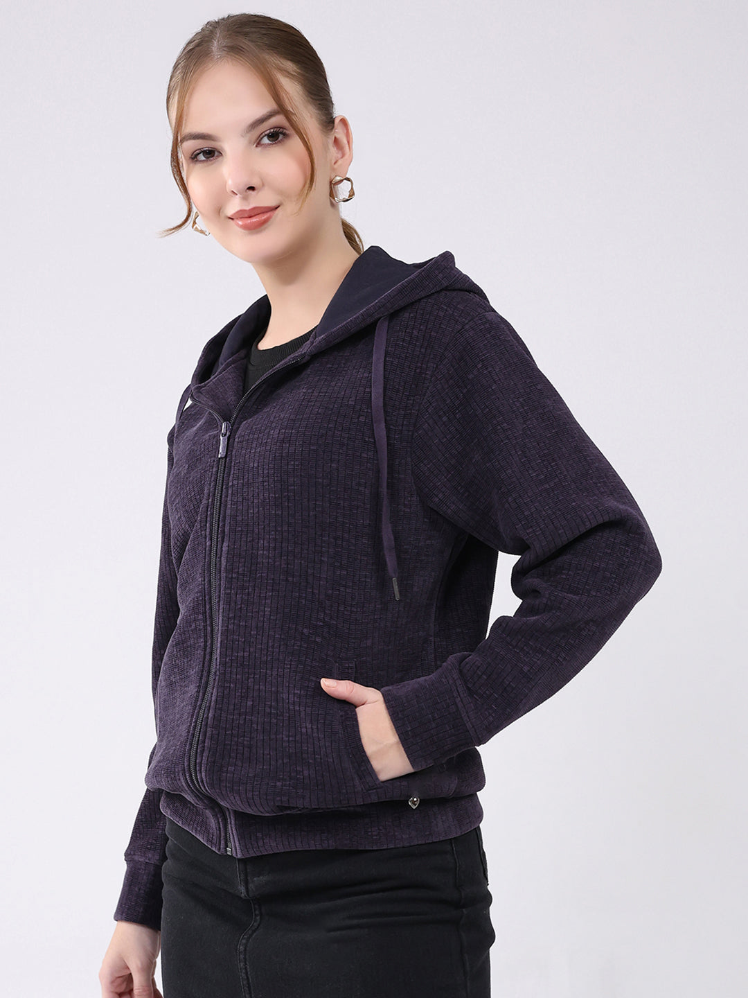 Women Purple Self Design Hooded Full Sleeve Sweatshirt
