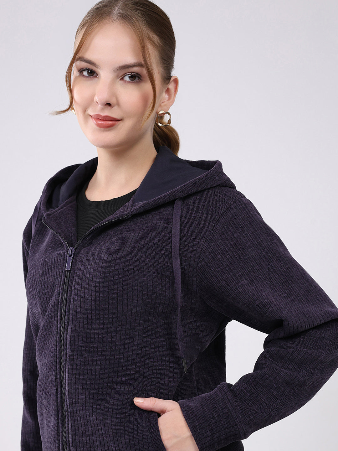 Women Purple Self Design Hooded Full Sleeve Sweatshirt