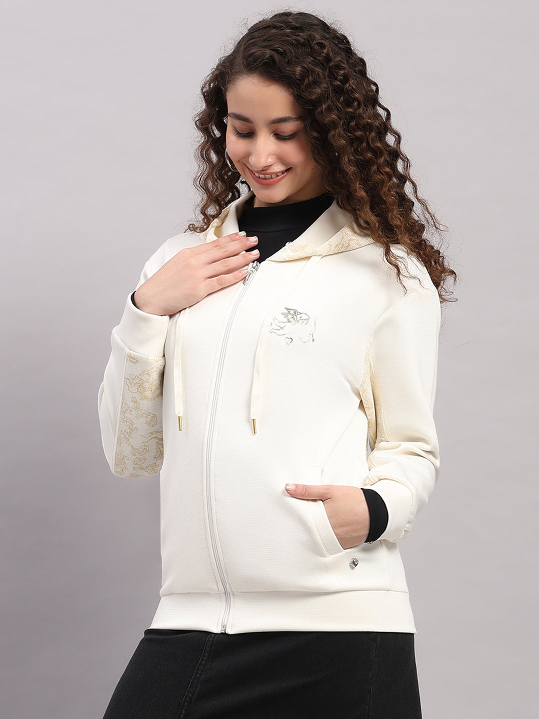 Women Cream Printed Hooded Full Sleeve Sweatshirt