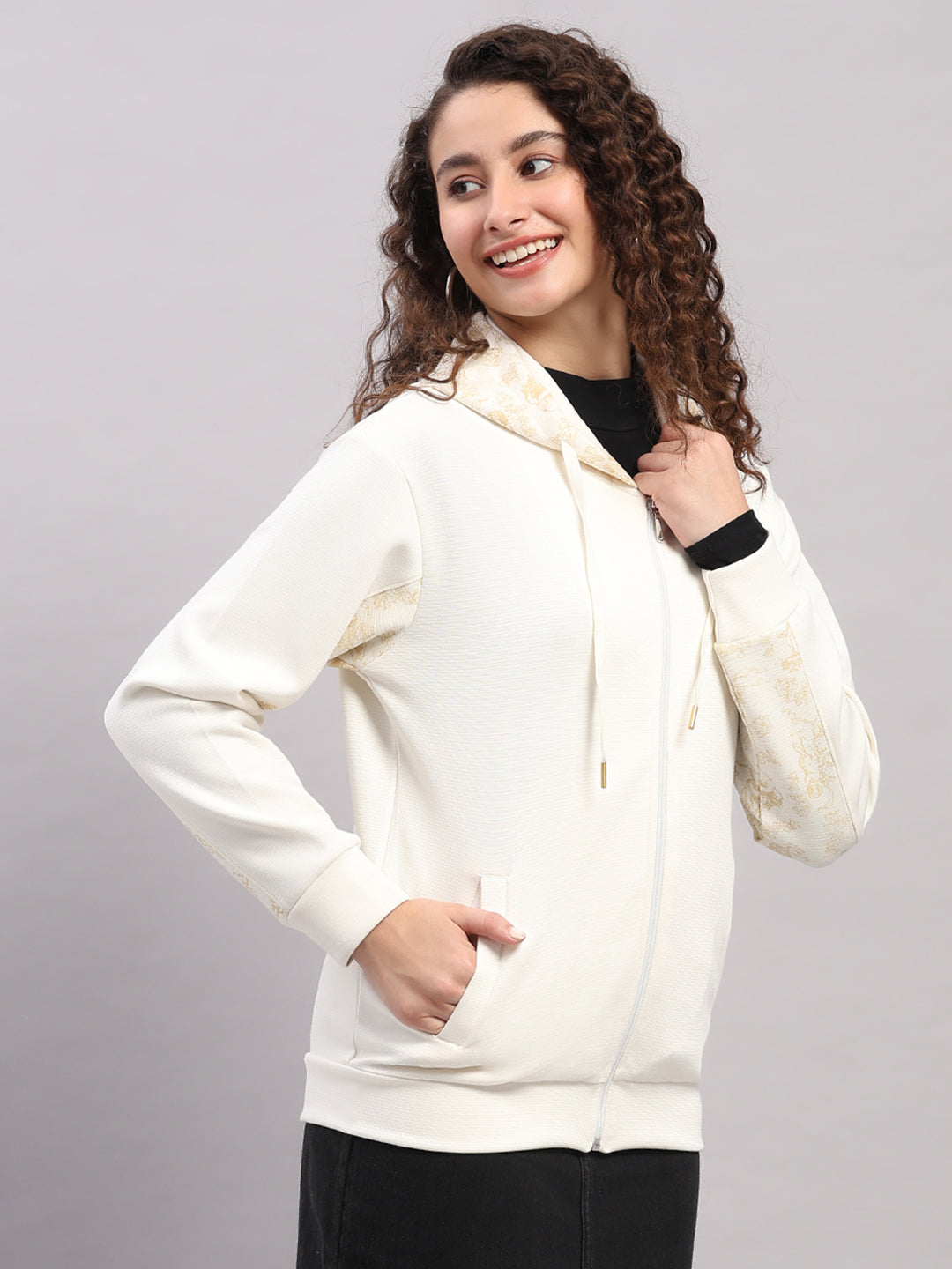 Women Cream Printed Hooded Full Sleeve Sweatshirt