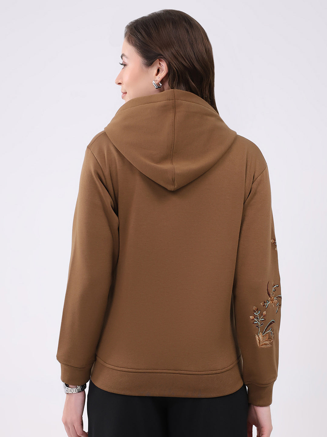 Women Brown Embroidered Hooded Full Sleeve Sweatshirt