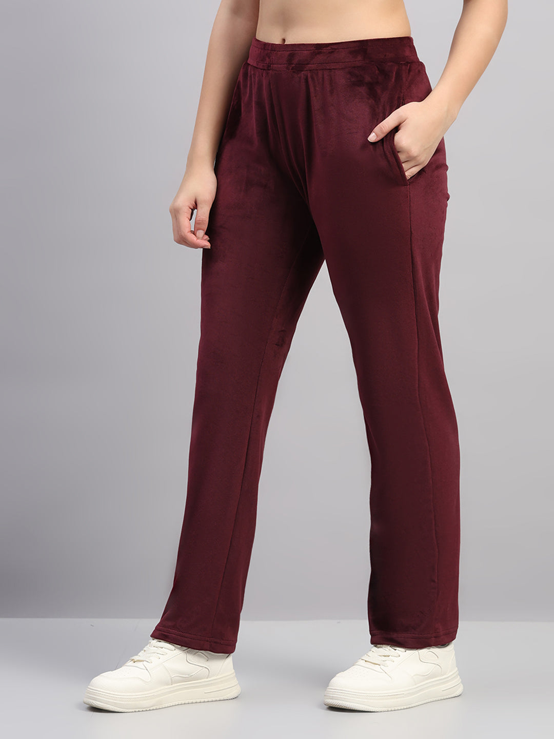 Women Burgundy Solid Hooded Full Sleeve Winter Tracksuit