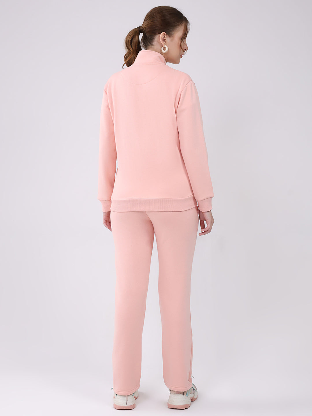 Women Peach Solid Mock Neck Full Sleeve Winter Tracksuit