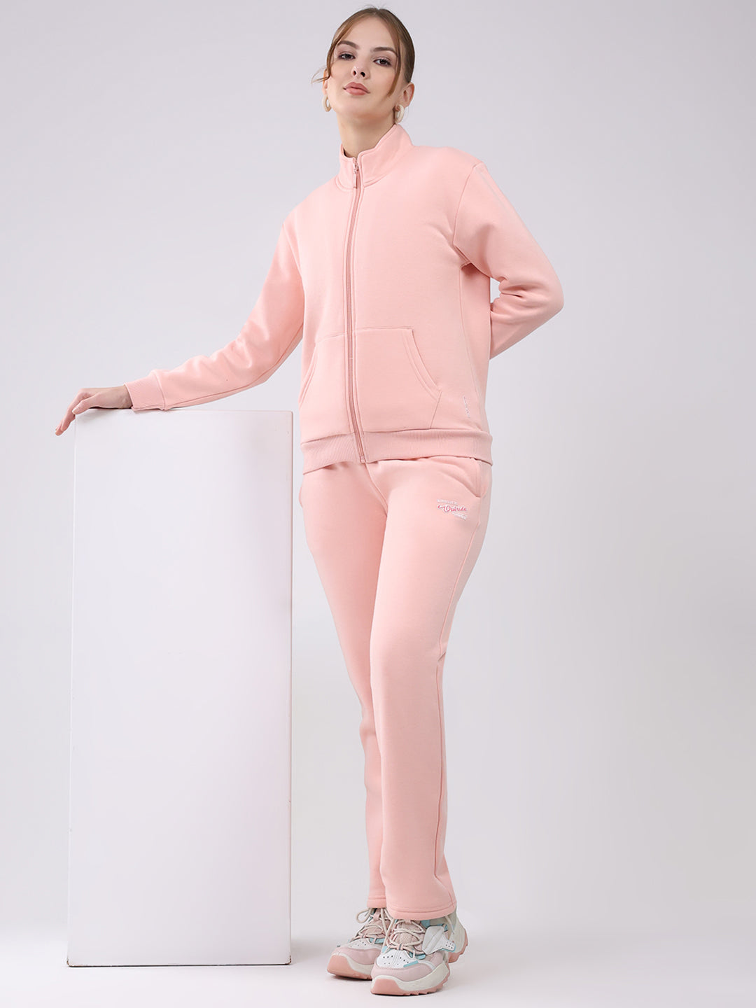 Women Peach Solid Mock Neck Full Sleeve Winter Tracksuit