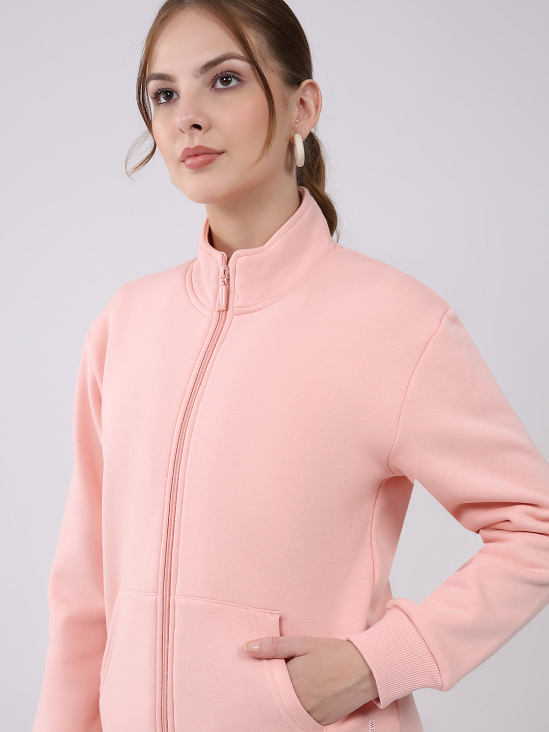 Women Peach Solid Mock Neck Full Sleeve Winter Tracksuit