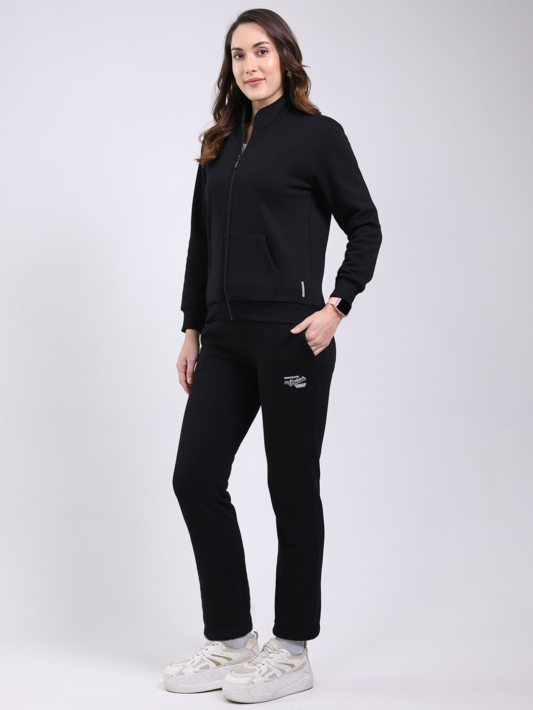 Women Black Solid Mock Neck Full Sleeve Winter Tracksuit