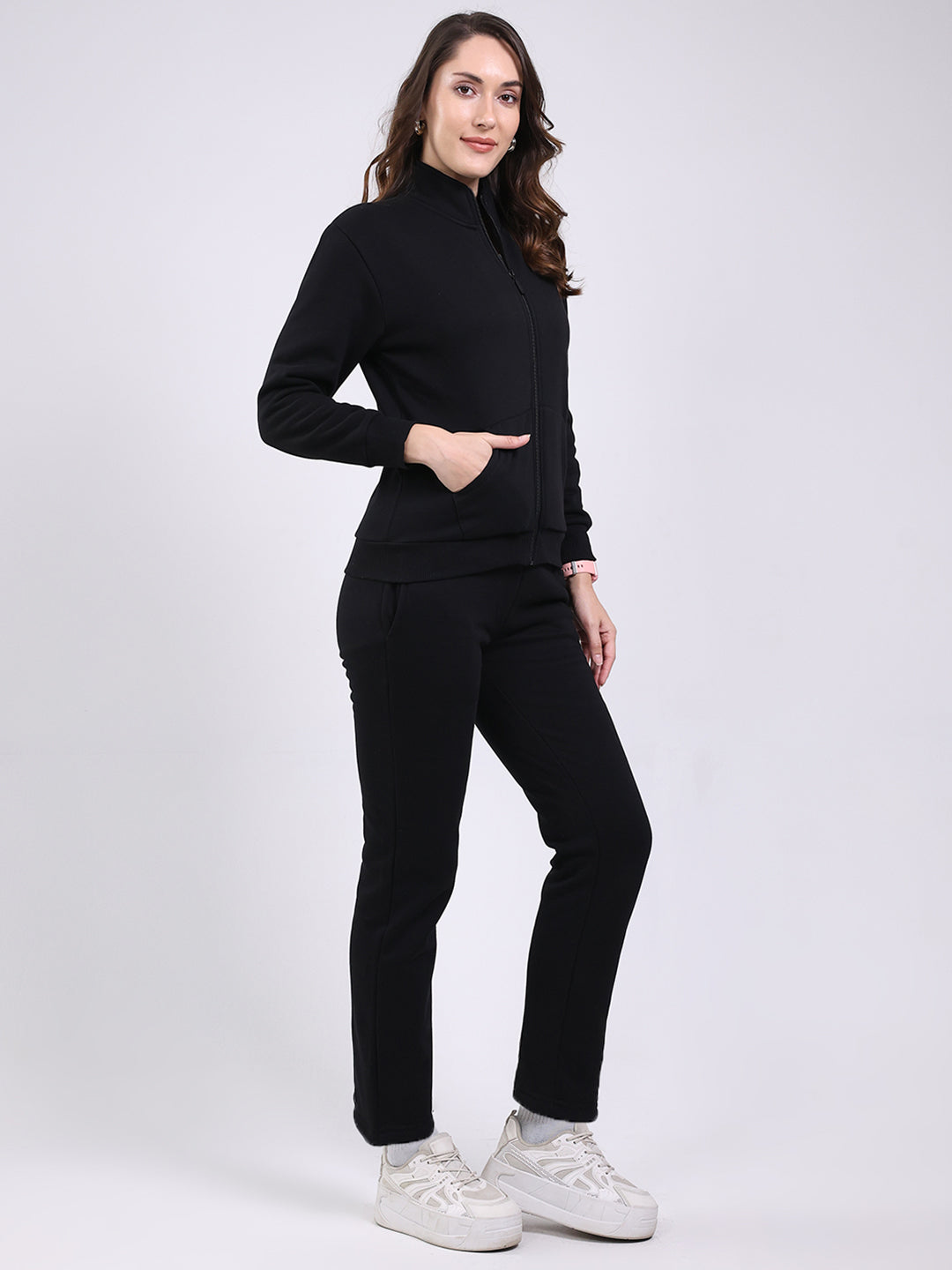 Women Black Solid Mock Neck Full Sleeve Winter Tracksuit