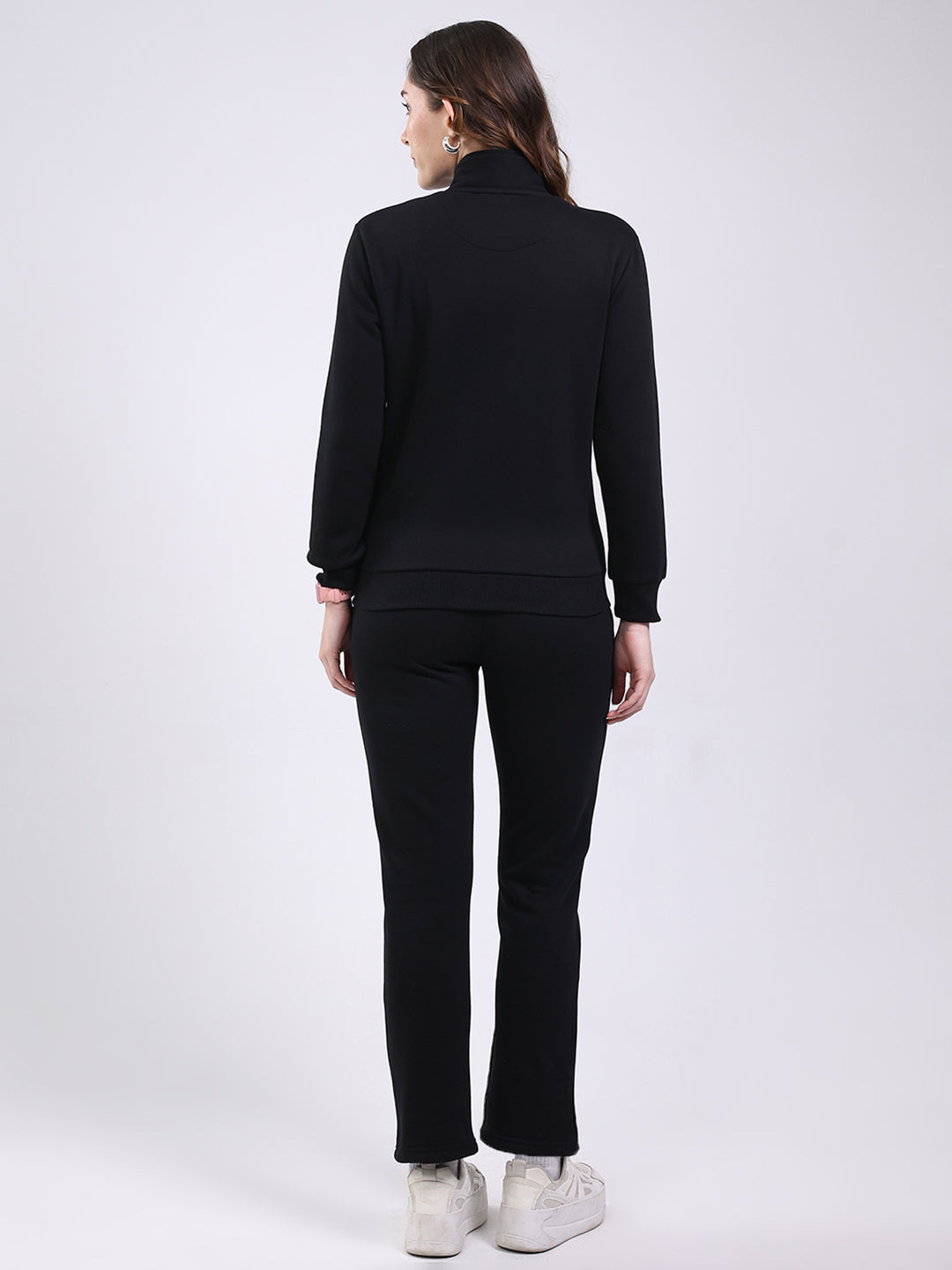 Women Black Solid Mock Neck Full Sleeve Winter Tracksuit