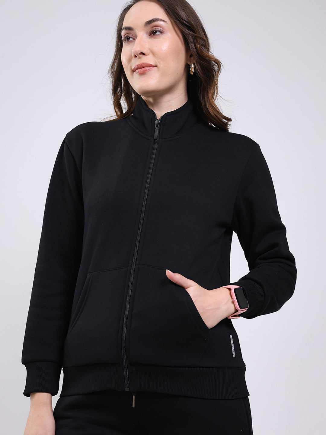 Women Black Solid Mock Neck Full Sleeve Winter Tracksuit