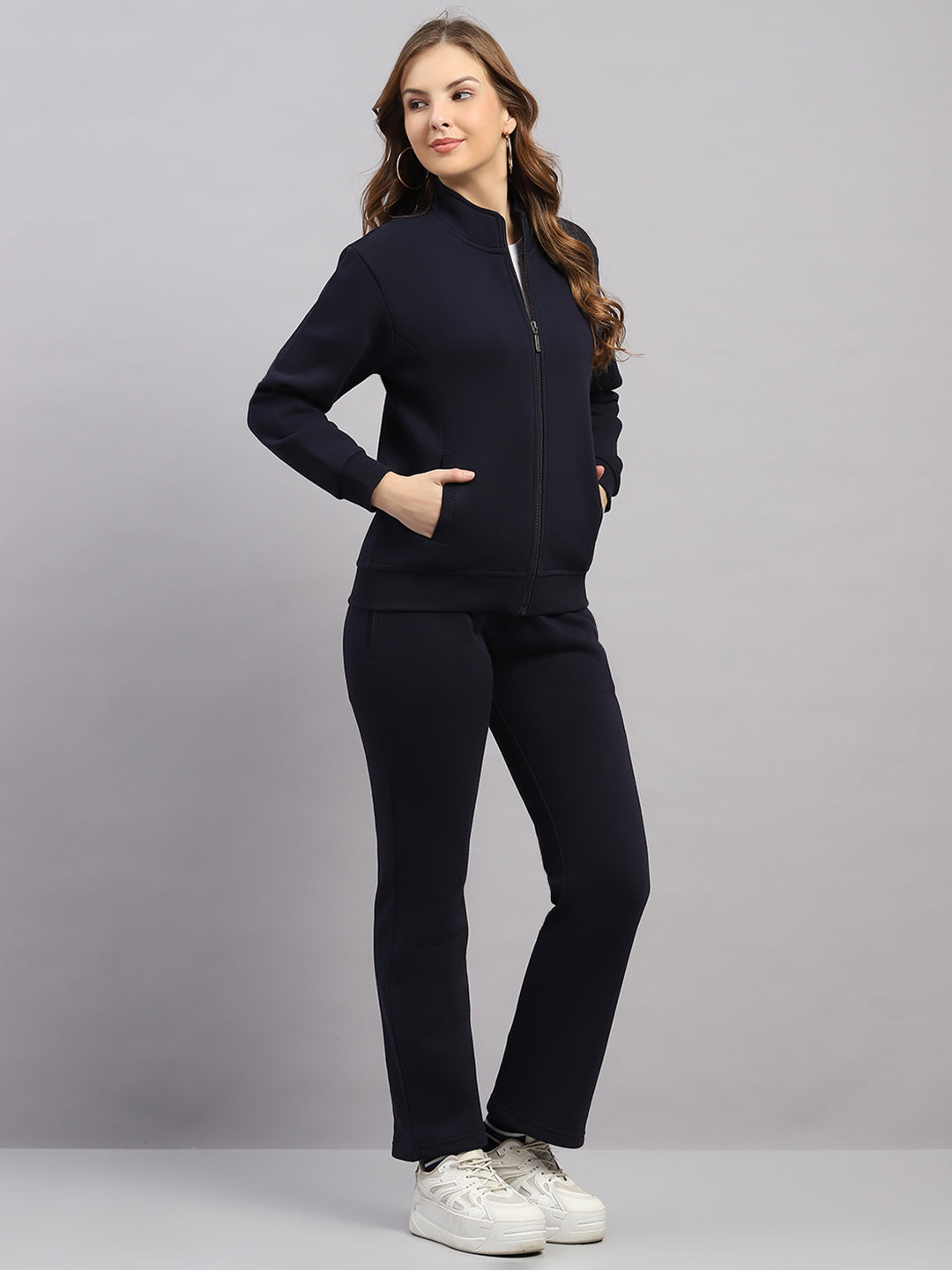 Women Navy Blue Solid Mock Neck Full Sleeve Winter Tracksuit