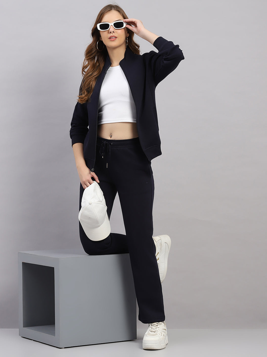 Women Navy Blue Solid Mock Neck Full Sleeve Winter Tracksuit