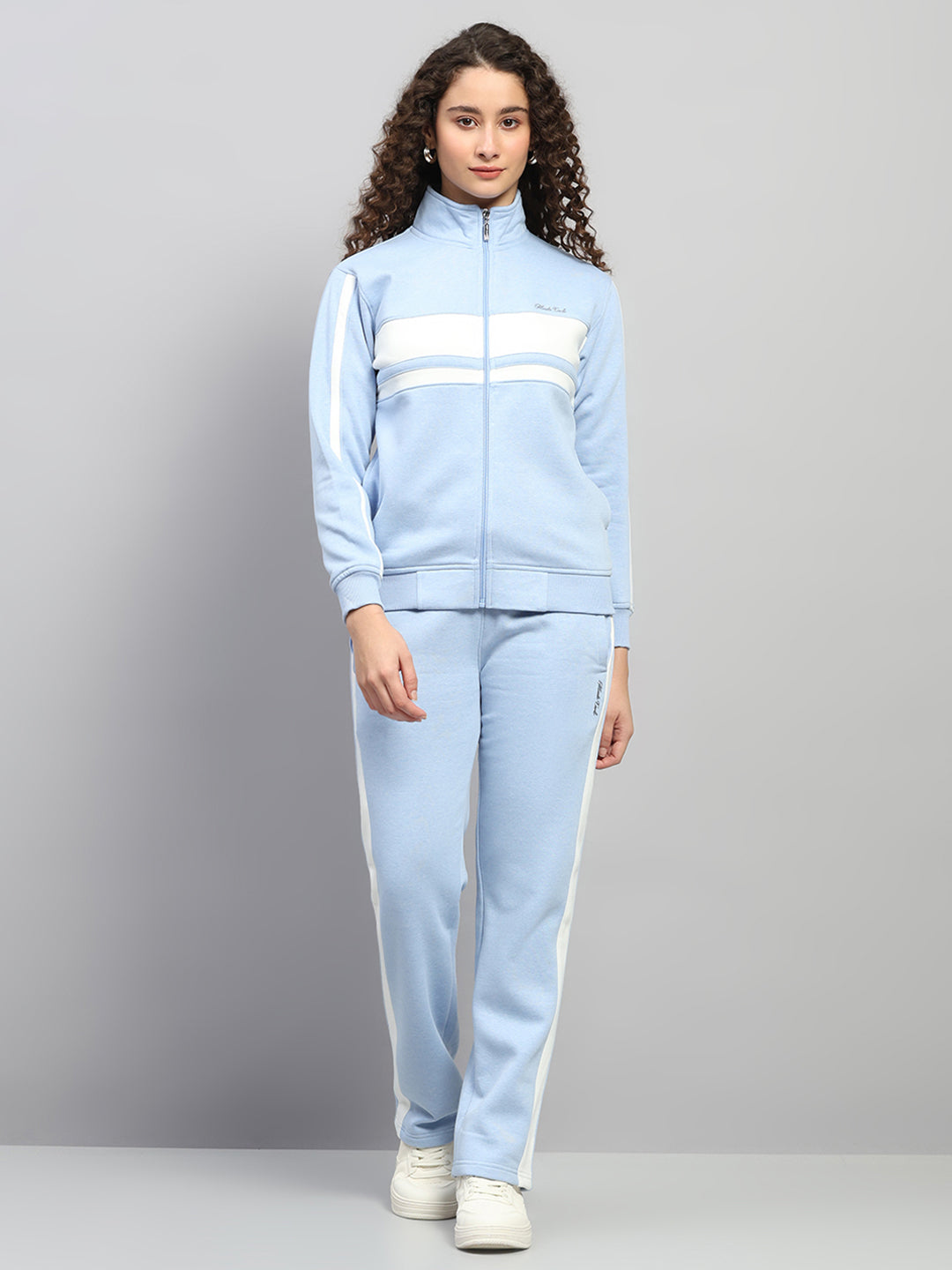 Women Sky Blue Solid Mock Neck Full Sleeve Winter Tracksuit