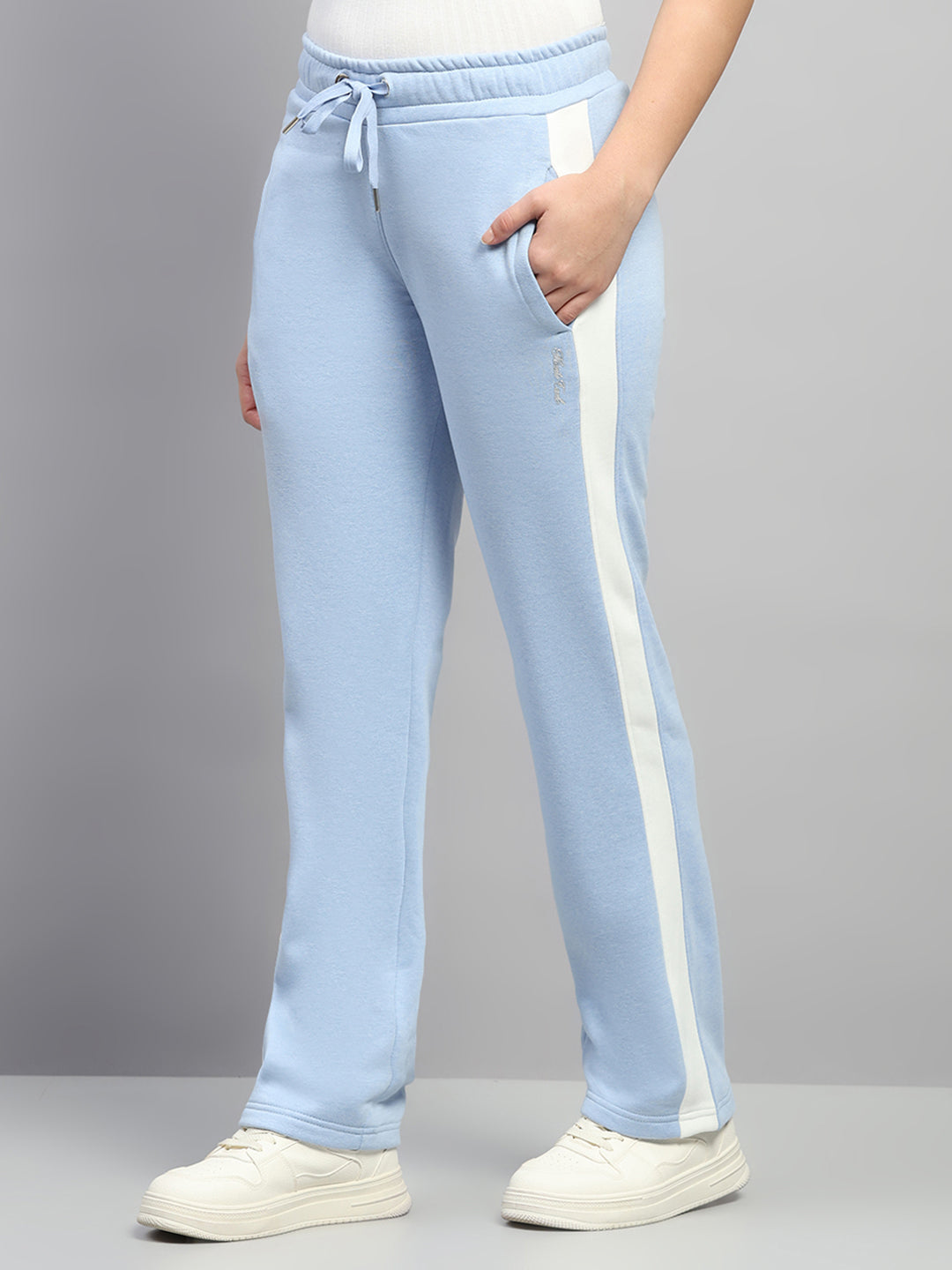 Women Sky Blue Solid Mock Neck Full Sleeve Winter Tracksuit