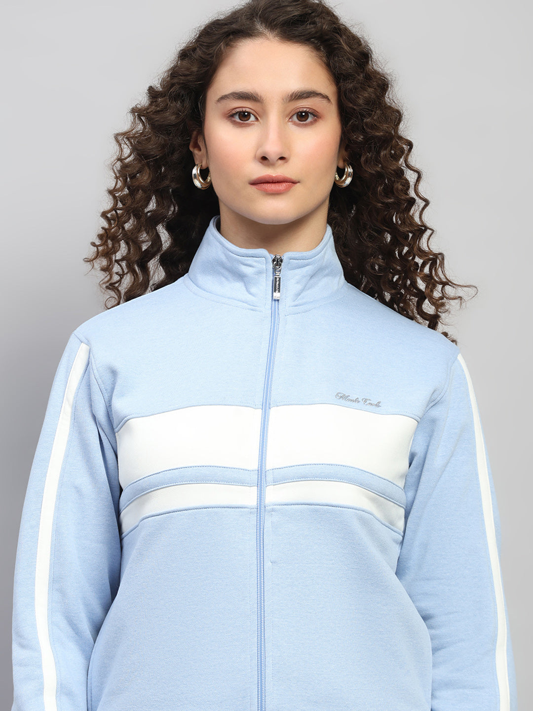 Women Sky Blue Solid Mock Neck Full Sleeve Winter Tracksuit