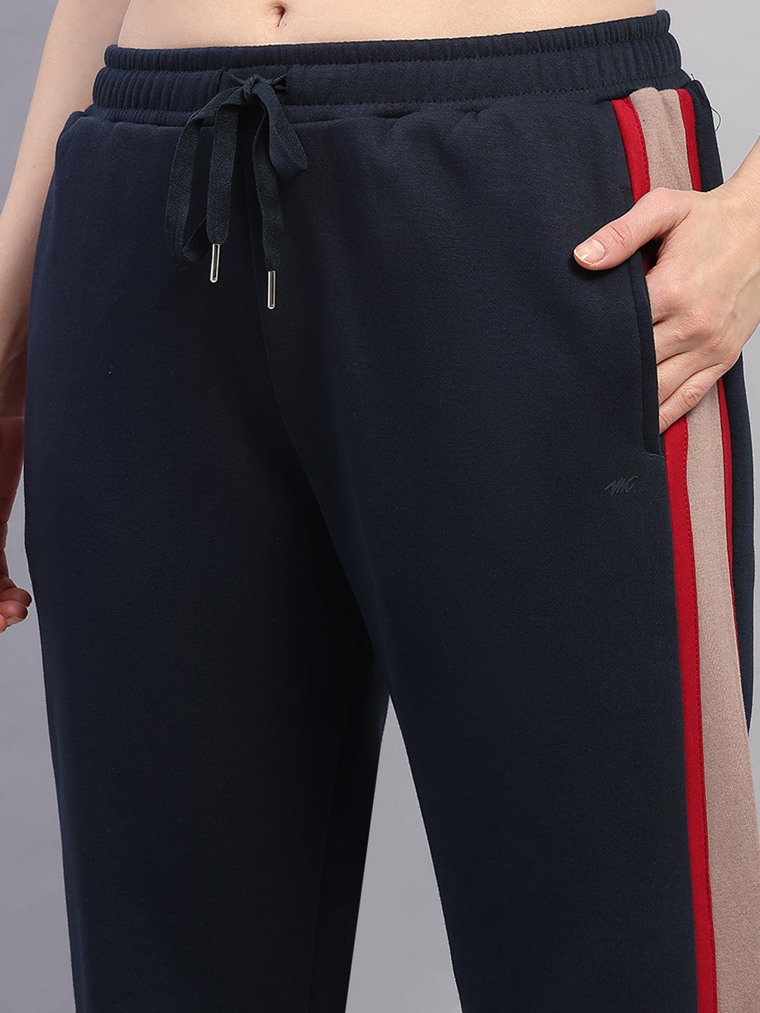 Women Navy Blue Printed Mock Neck Full Sleeve Winter Tracksuit