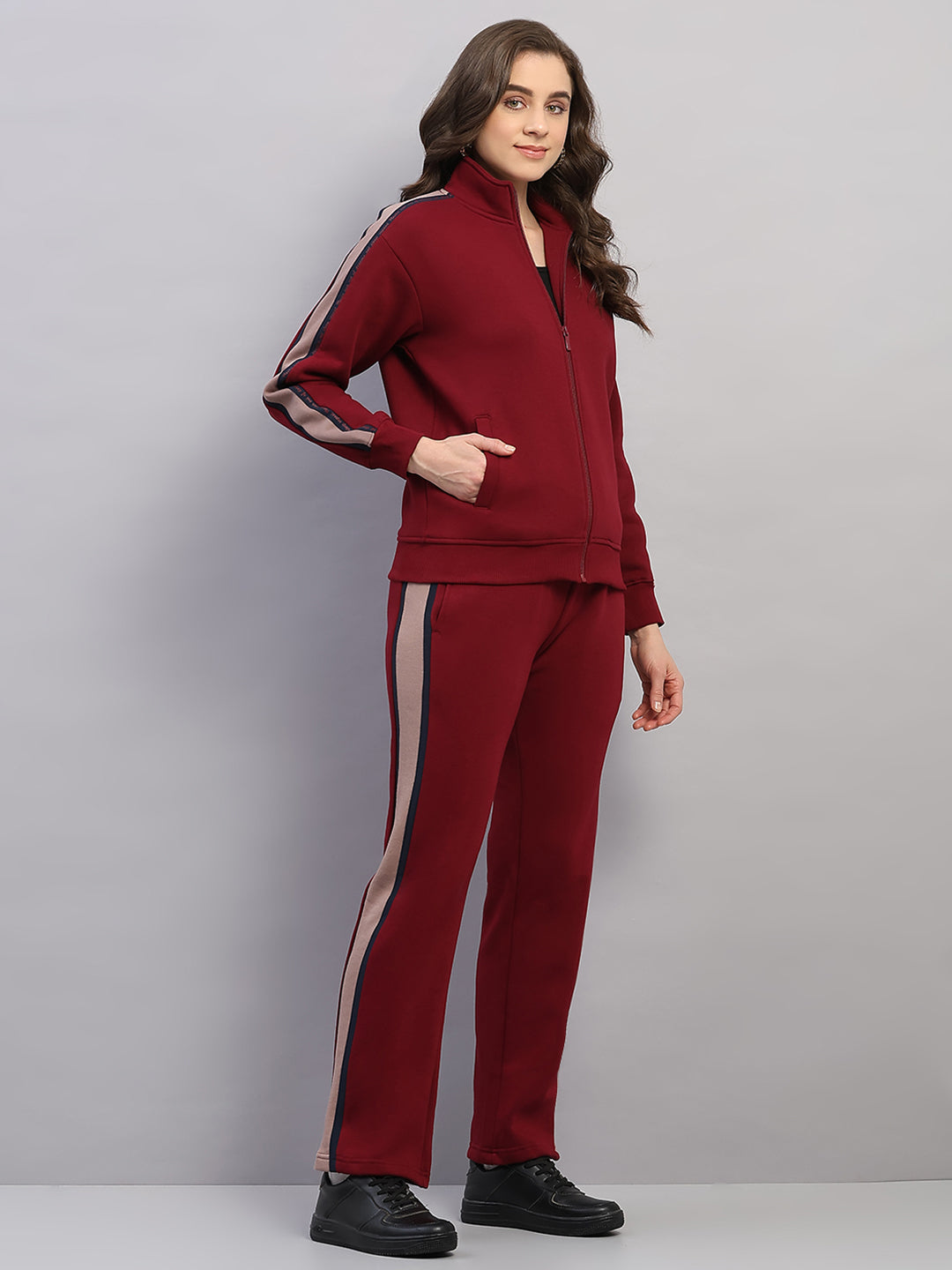 Women Maroon Printed Mock Neck Full Sleeve Winter Tracksuit