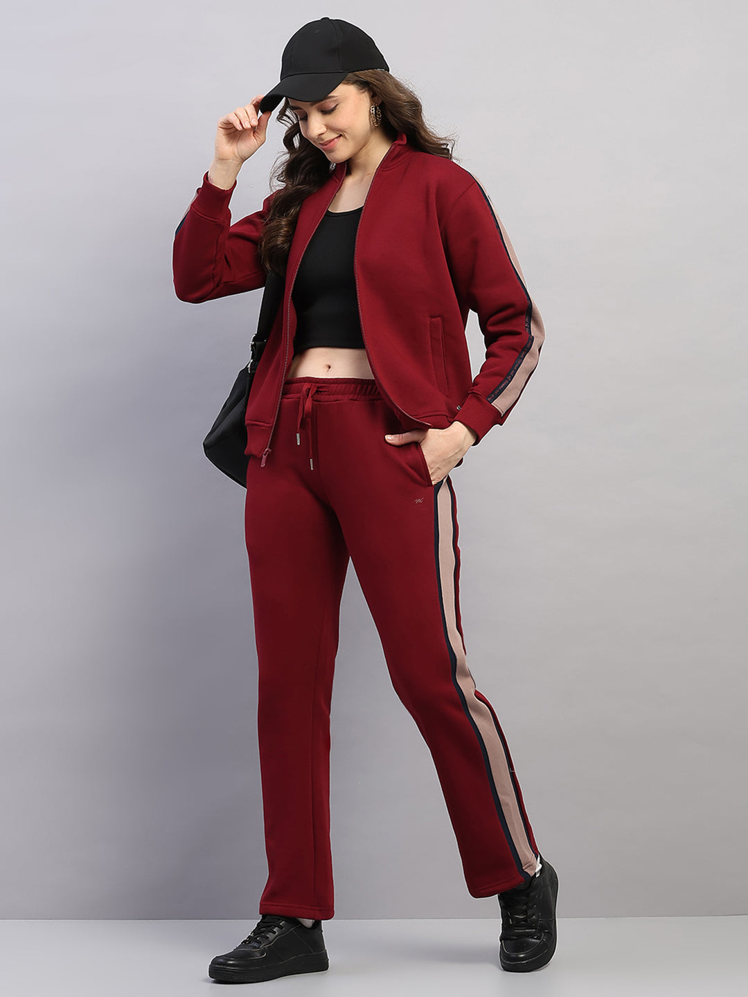 Women Maroon Printed Mock Neck Full Sleeve Winter Tracksuit