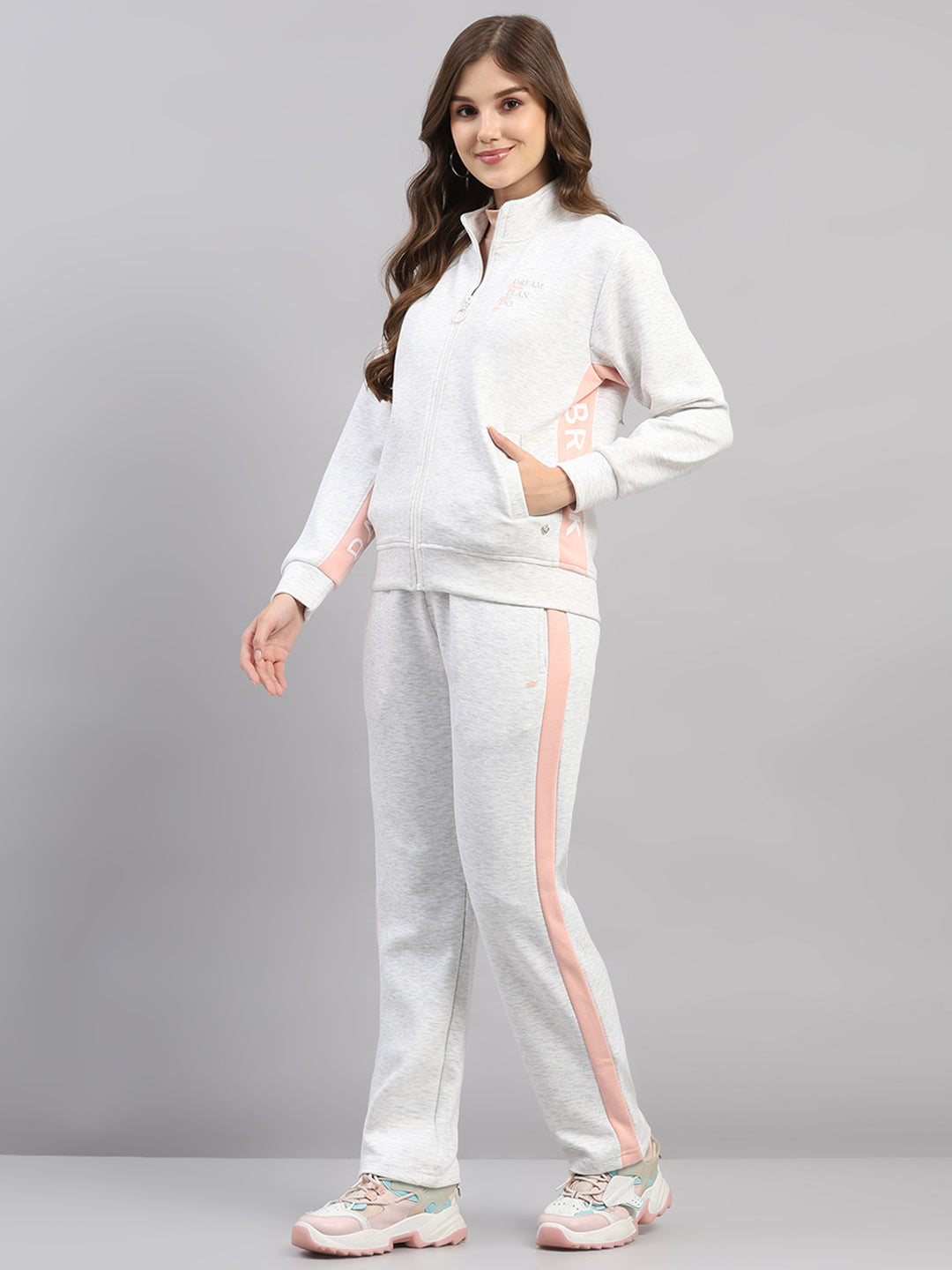 Women Off White Printed Mock Neck Full Sleeve Winter Tracksuit
